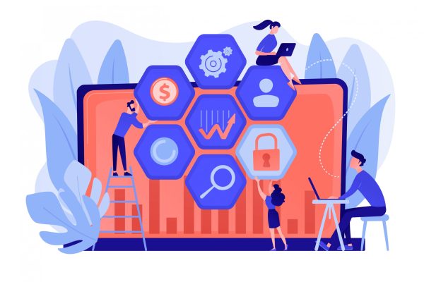 Cyber security risk analysts team reduce risks. Cyber security management, cyber security risk, management strategy concept on white background. Pinkish coral bluevector isolated illustration