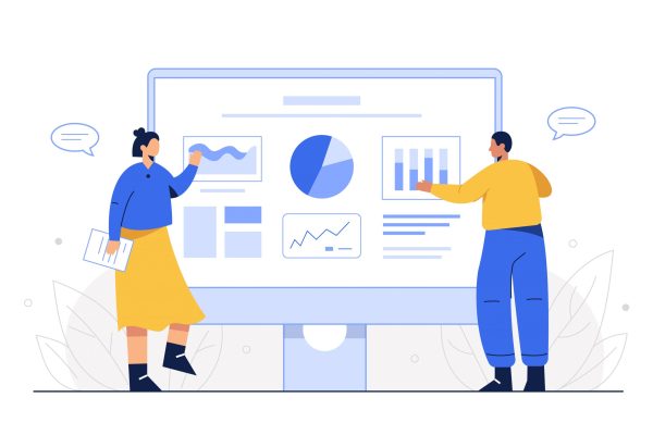 Big isolated employee working in office workplace flat vector illustration, cheering success, thinking new, problem solving, business theme